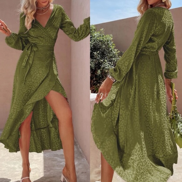 Dresses & Skirts - Boho army green  leopard print jacquard wrap belted maxi dress
